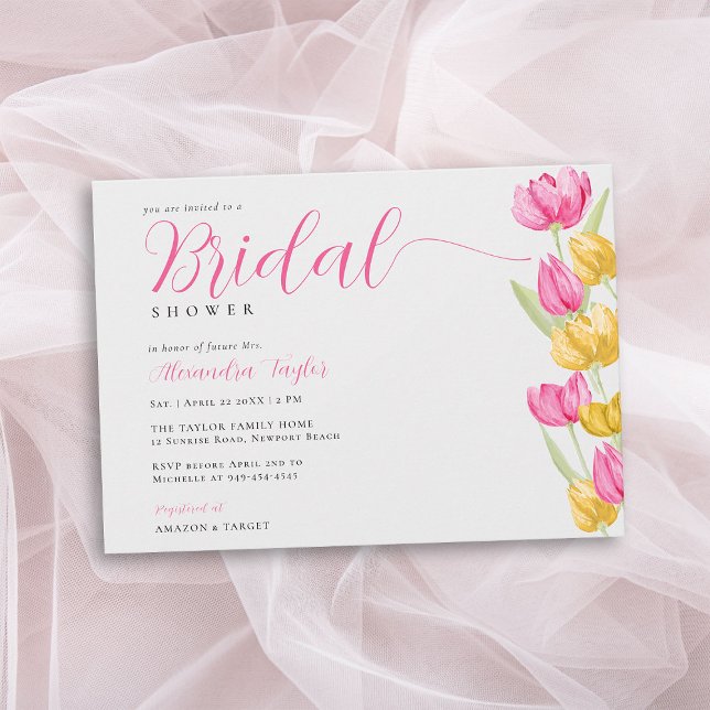 Invitation Tulipes de printemps Boho Chic Fête des mariées ro (spring bridal shower invitation tulips hot pink yellow watercolor boho chic calligraphy pretty)