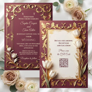 Invitation Tulipes en ivoire de Bourgogne antique Baroque or 