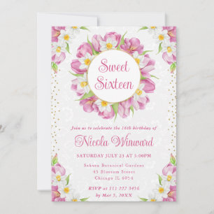 Invitation Tulipes et jonquilles aquarelle Sweet Sixteen