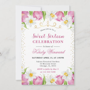 Invitation Tulipes et jonquilles rose aquarelle Sweet 16