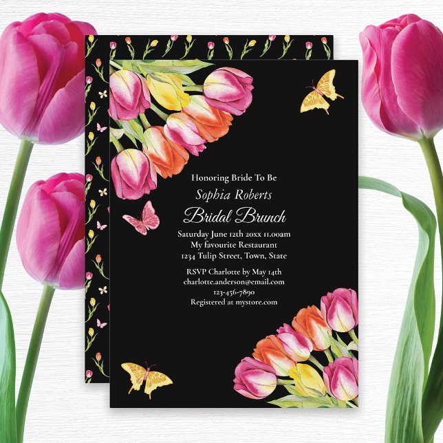 Invitation Tulipes et papillons Noir Bridal Brunch (Créateur téléchargé)