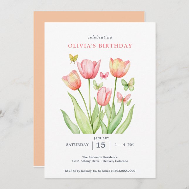 Invitation Tulipes Florales Aquarelle Pêche  (Devant / Derrière)