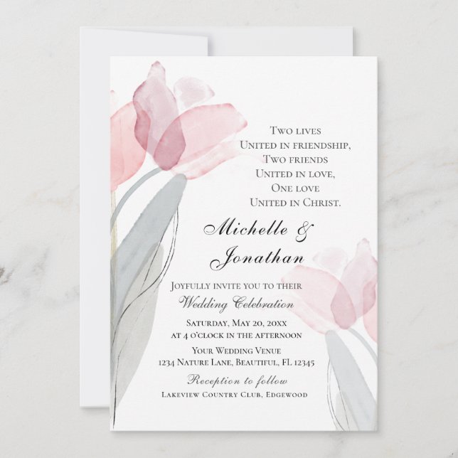 Invitation Tulipes Gris Rose Moderne Floral Mariage chrétien (Devant)