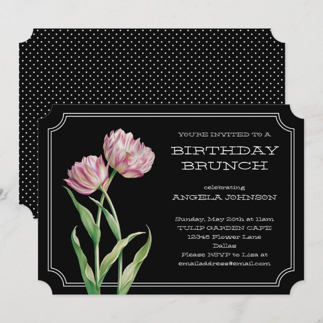 Invitation Tulipes peintes et Brunch d'anniversaire Pois (Devant / Derrière)