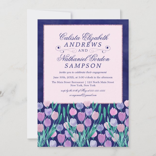Invitation Tulipes rose bleue Fiançailles d'aquarelle florale (Devant)