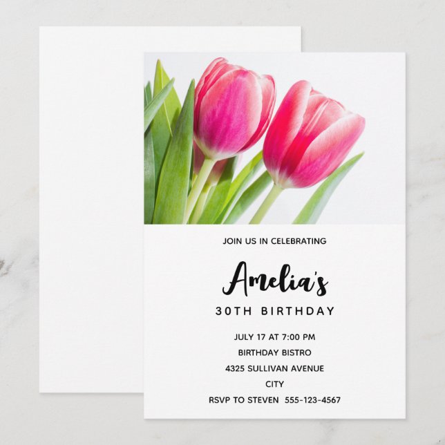 Invitation Tulipes roses avec Feuilles verts Photo Anniversai (Devant / Derrière)