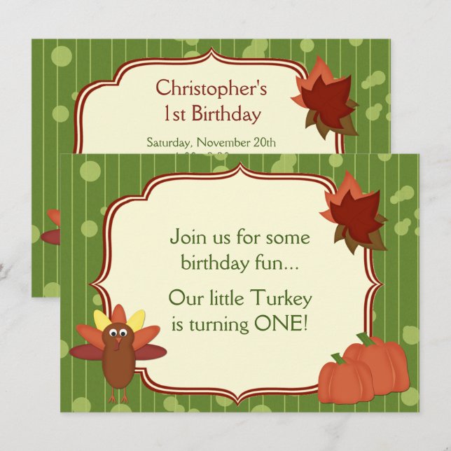 Invitation Turquie mignonne et Citrouille Thanksgiving 1er an (Devant / Derrière)