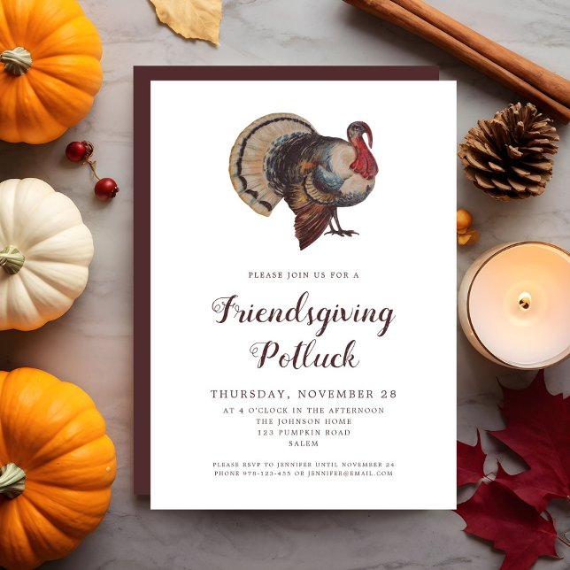 Invitation Turquie vintage Amicale Potluck (Vintage Turkey Friendsgiving Potluck Invitation)