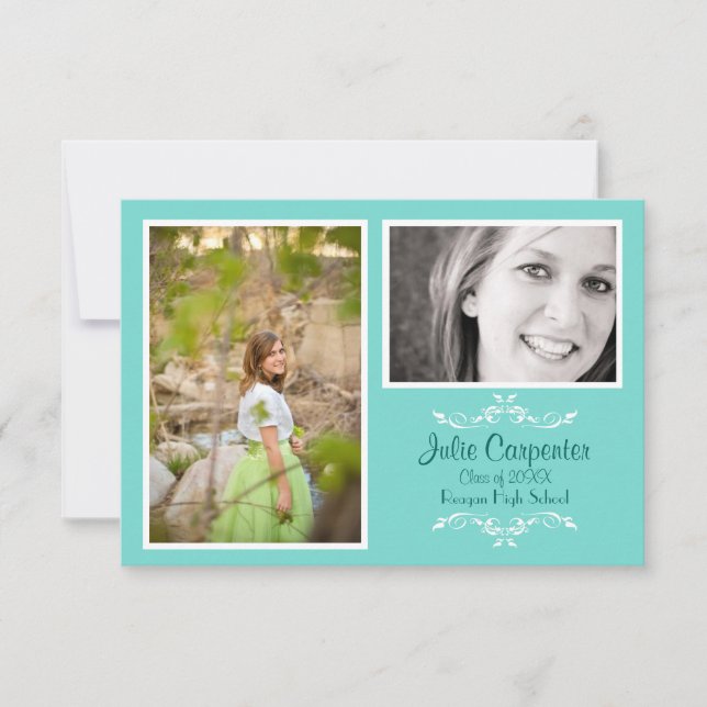 Invitation Turquoise 2 Photo Collage Simple -3x5 Grad Annonce (Devant)