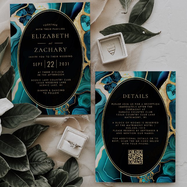 Invitation Turquoise Agate Gold Oval Frame QR Code Mariage (Créateur téléchargé)