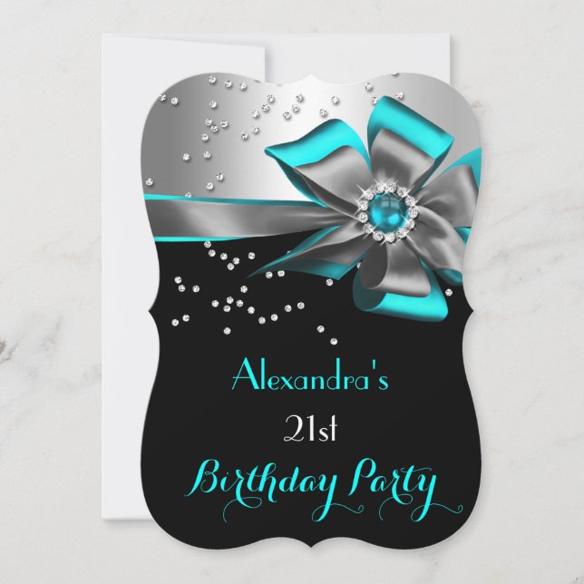 Invitation Turquoise Aqua Black Argent Bow Pearl fête d'anniv (Devant)