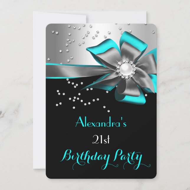 Invitation Turquoise Aqua Black Silver Bow Pearl fête d'anniv (Devant)