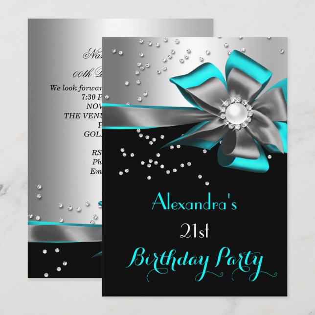 Invitation Turquoise Aqua Black Silver Bow Pearl fête d'anniv (Devant / Derrière)