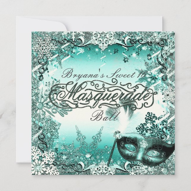 Invitation Turquoise Aqua Green Winter Masquerade & Snowflake (Devant)