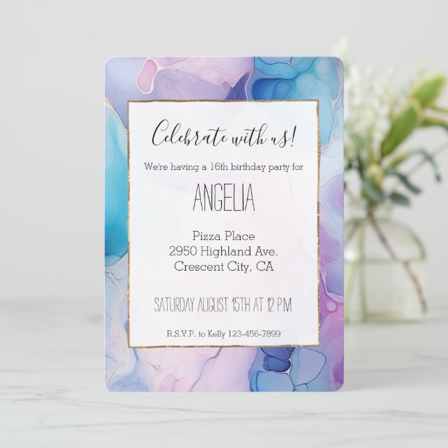 Invitation Turquoise Aqua Marbre rose violet Anniversaire (Debout devant)