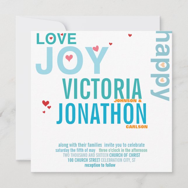 Invitation Turquoise Aqua Red Heart Mariage de typographie mo (Devant)