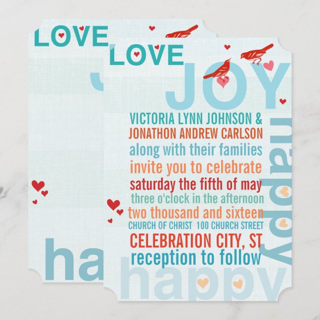 Invitation Turquoise Aqua Rouge Inséparable de typographie mo (Devant / Derrière)