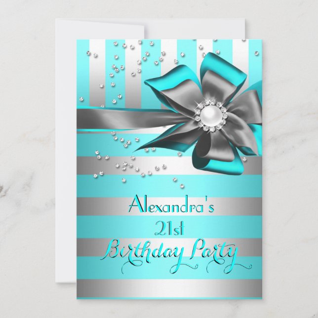 Invitation Turquoise Aqua Silver Stripe Bow Pearl fête d'anni (Devant)