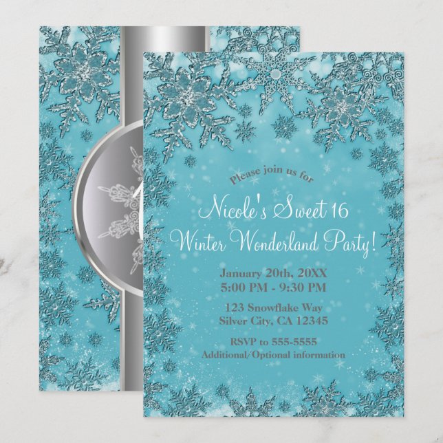 Invitation Turquoise Aqua Snowflakes Winter Wonderland Party (Devant / Derrière)