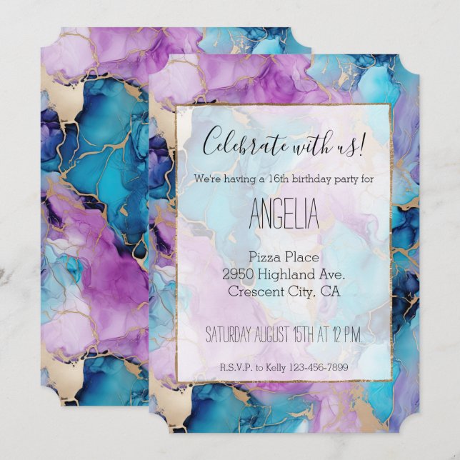 Invitation Turquoise Aqua violet marbre or (Devant / Derrière)