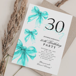 Invitation Turquoise Aquarelle Coquette Nœud 30e Anniversaire