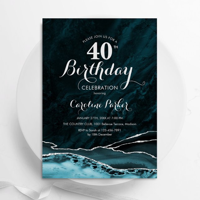 Invitation Turquoise Argent Agate 40e anniversaire (Créateur téléchargé)