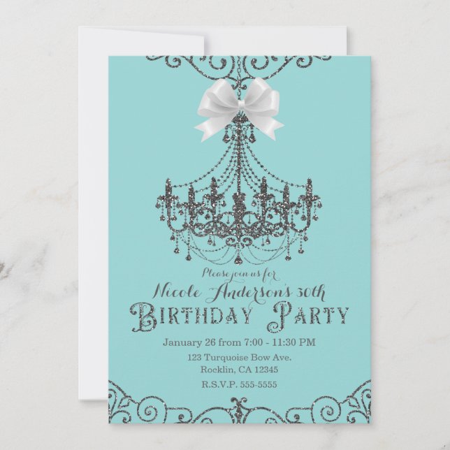 Invitation Turquoise Argent Blanc Nœud Papillon Anniversaire  (Devant)