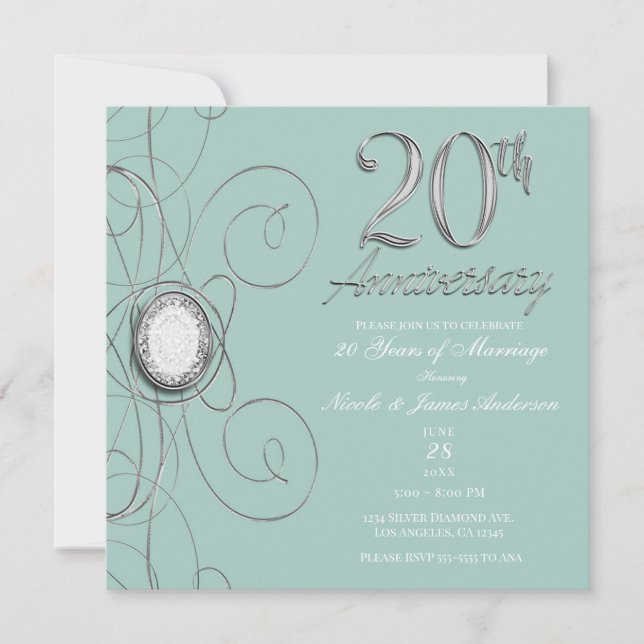 Invitation Turquoise Argent Diamant Soirée du 20e anniversair (Devant)