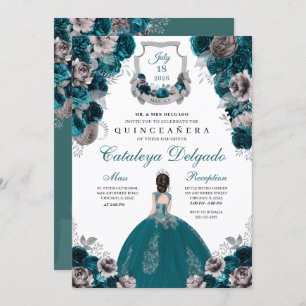 Invitation Turquoise & Argent Floral Elegant Quinceañera