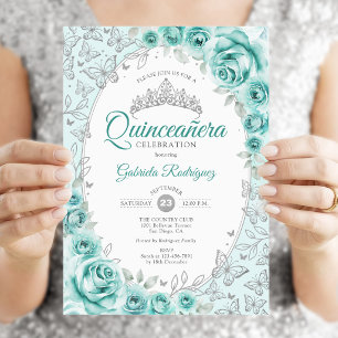 Invitation Turquoise Argent Floral Quinceanera
