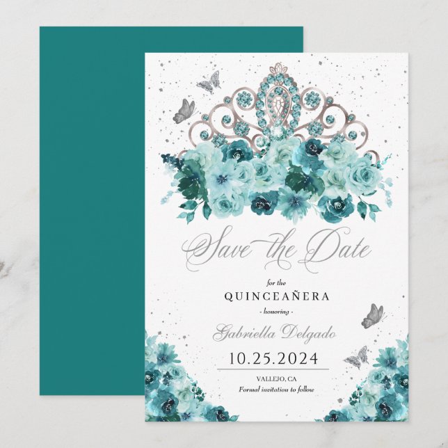 Invitation Turquoise & Argent Tiara Enregistrer La Date Quinc (Devant / Derrière)