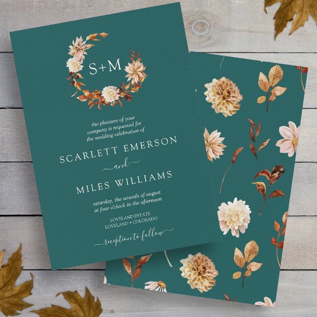 Invitation Turquoise Automne Terracotta Monogram Mariage (Teal Fall Terracotta Monogram Wreath Wedding Invitation by Painted Paperie
)