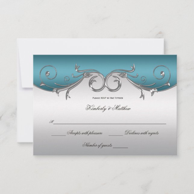 Invitation Turquoise avec des spirales argentées ornées RSVP (Devant)