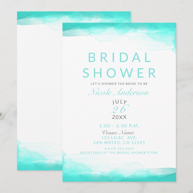 Invitation Turquoise Beach Aqua Aquarelle Fête des mariées mo (Devant / Derrière)