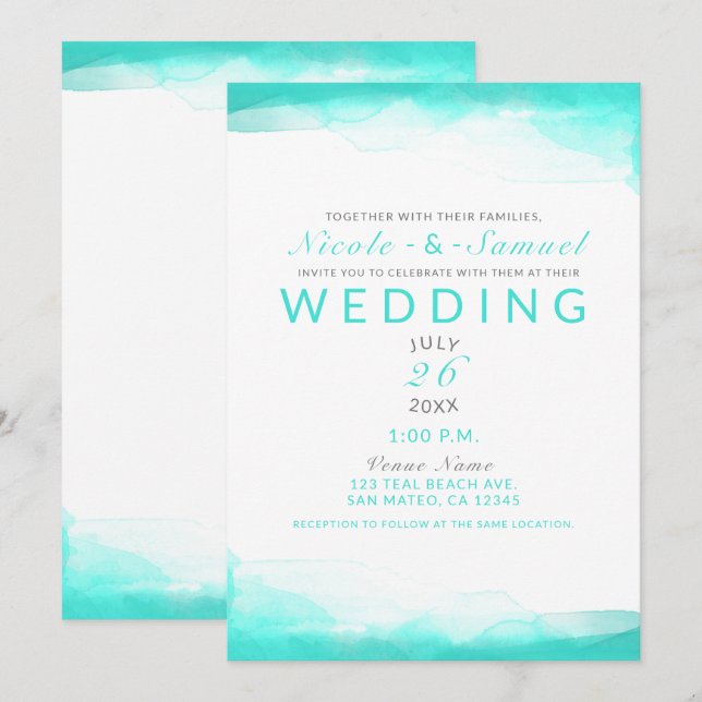 Invitation Turquoise Beach Aqua Bleu Aquarelle Mariage modern (Devant / Derrière)