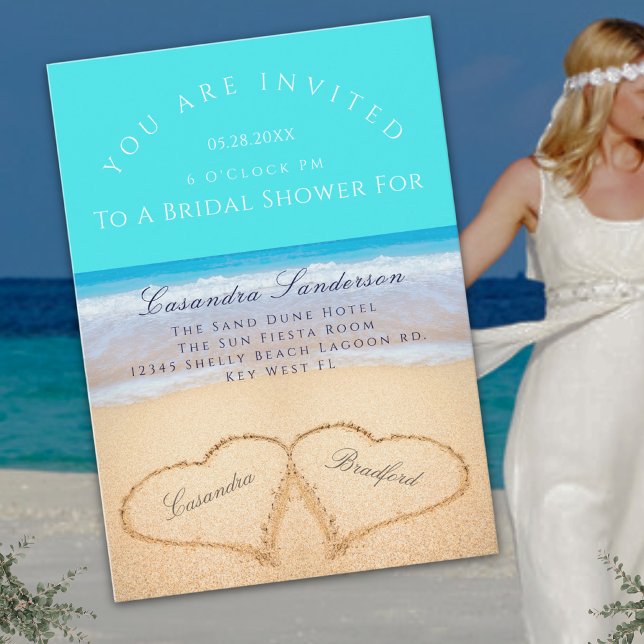 Invitation Turquoise Beach Wedding 2 Hearts Sand Fête des mar (Créateur téléchargé)
