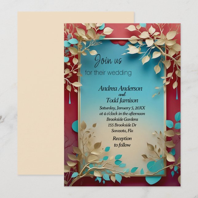 Invitation Turquoise beige feuille rouge cadre mariage (Devant / Derrière)