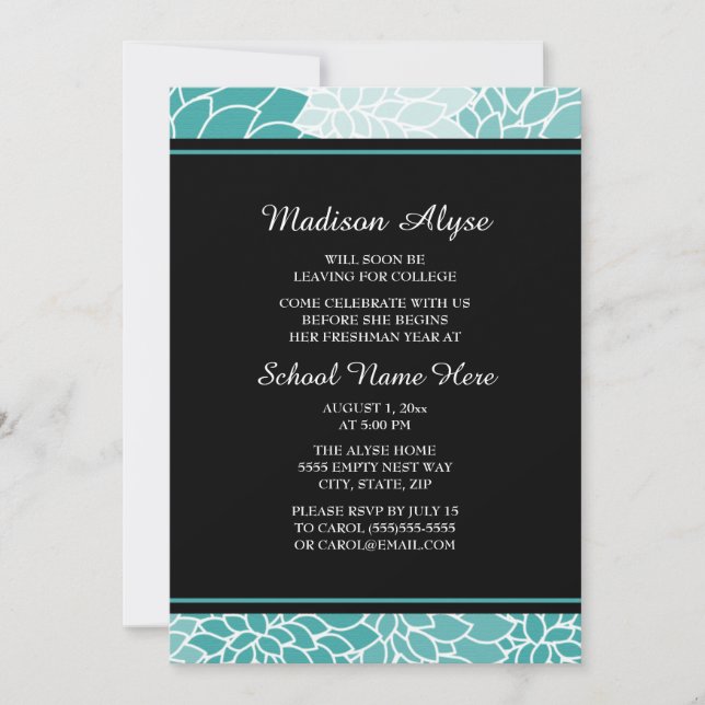 Invitation Turquoise Black Blanc Floral College Trunk Party (Devant)