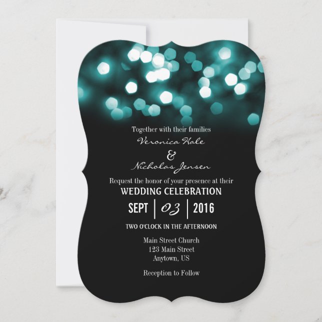 Invitation Turquoise Black Bokeh Parties scintillant lumière  (Devant)