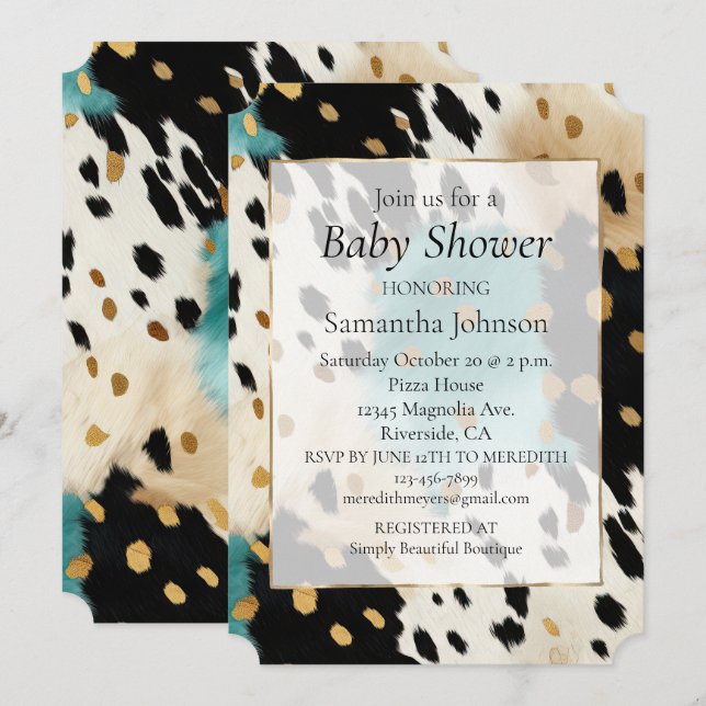 Invitation Turquoise Black Cream Gold Western Cowhide (Devant / Derrière)
