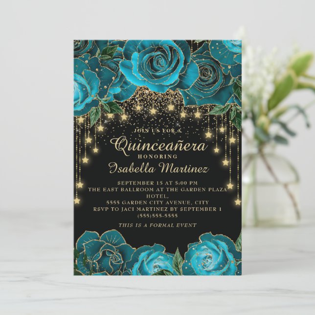 Invitation Turquoise Black Gold String Light Star Quinceañera (Debout devant)