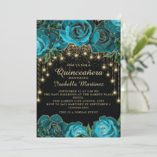Invitation Turquoise Black Gold String Light Star Quinceañera