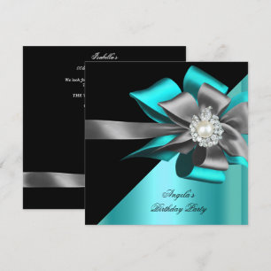 Invitation Turquoise Black Grey Silver Bow Pearl fête d'anniv