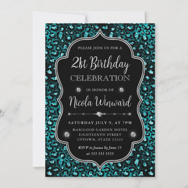 Invitation Turquoise & Black Leopard Spots Parties scintillan (Devant)