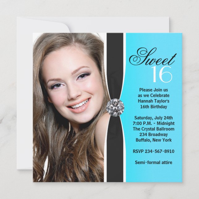 Invitation Turquoise Black White Photo Sweet 16 Anniversaire (Devant)