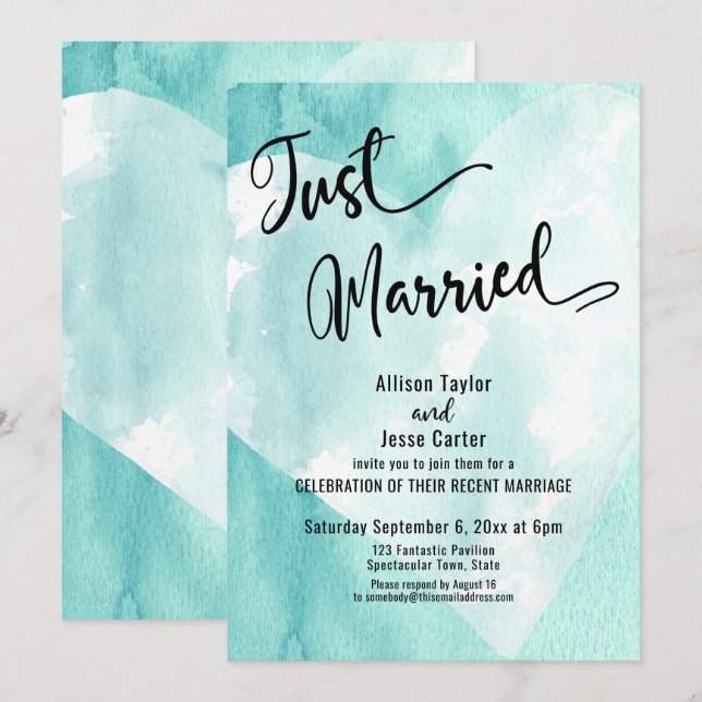 Invitation Turquoise Blanc Aquarelle Coeur Juste Marié Script (Devant / Derrière)