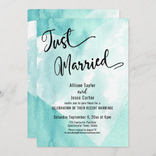 Invitation Turquoise Blanc Aquarelle Coeur Juste Marié Script