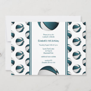 Invitation turquoise blanc basket-ball fête d'anniversaire éq