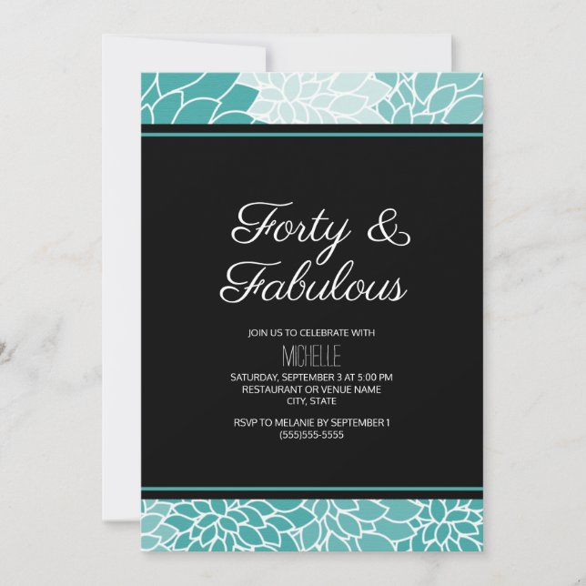 Invitation Turquoise Blanc Floral 40 et Fabuleux anniversaire (Devant)