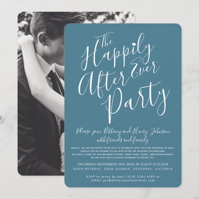 Invitation Turquoise blanc heureux jamais après la fête de ma (Devant / Derrière)